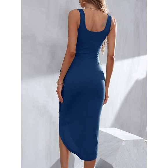 Wrap Tie Side Ruched Tank midi Dress boho black - Picture 9 of 11